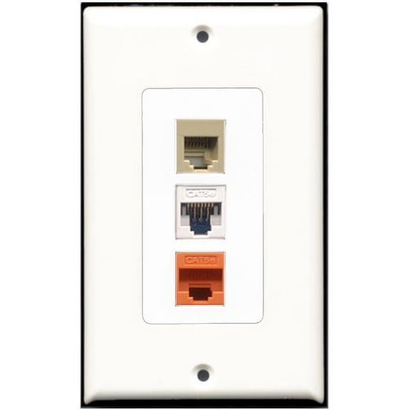 RiteAV - 1 Port Phone RJ11 RJ12 Beige 1 Cat5e Ethernet White 1 Cat5e Ethernet Orange Wall Plate Decorative