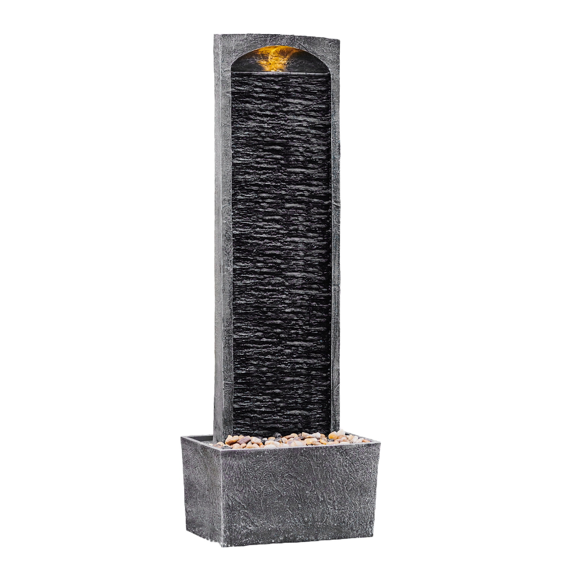 Teamson Home 38.5" Faux Slate Contemporary Outdoor LED Waterfall Fountain with Pebble Base, Gray/Black
