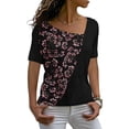 thumbnail image 2 of USSUMA Daisy Print T-Shirts for Women Trendy Color Block Graphic Women's Shirts and Blouses Short Sleeve Women Tops Dressy Casual Summer V Neck Plus Tunics Beach, 2 of 4