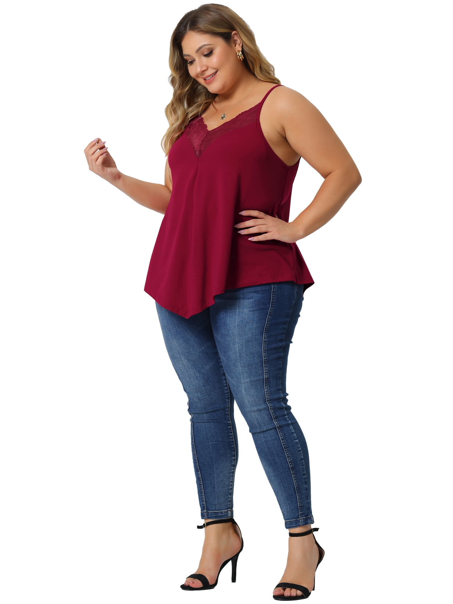 Unique Bargains Plus Size Cami Lace Front Spaghetti Strap