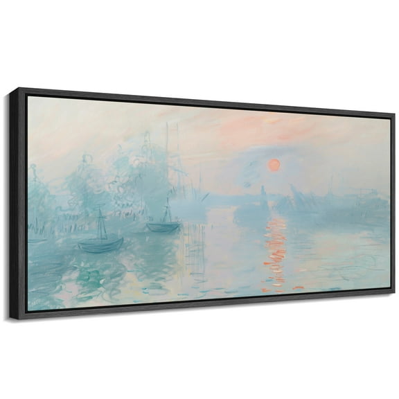 Large Framed Canvas Print Monet-Inspired Misty Harbor Sunrise ImpressionistWall Art Decorative Ready to Hang Painting for Living room Bedroom 60x30 inches Black Frame
