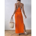 thumbnail image 5 of Womens Crochet Knit Sheer Summer Backless V Neck Side Slit Bathing Suit Cover Up Midi Dress Orange One Size, 5 of 6