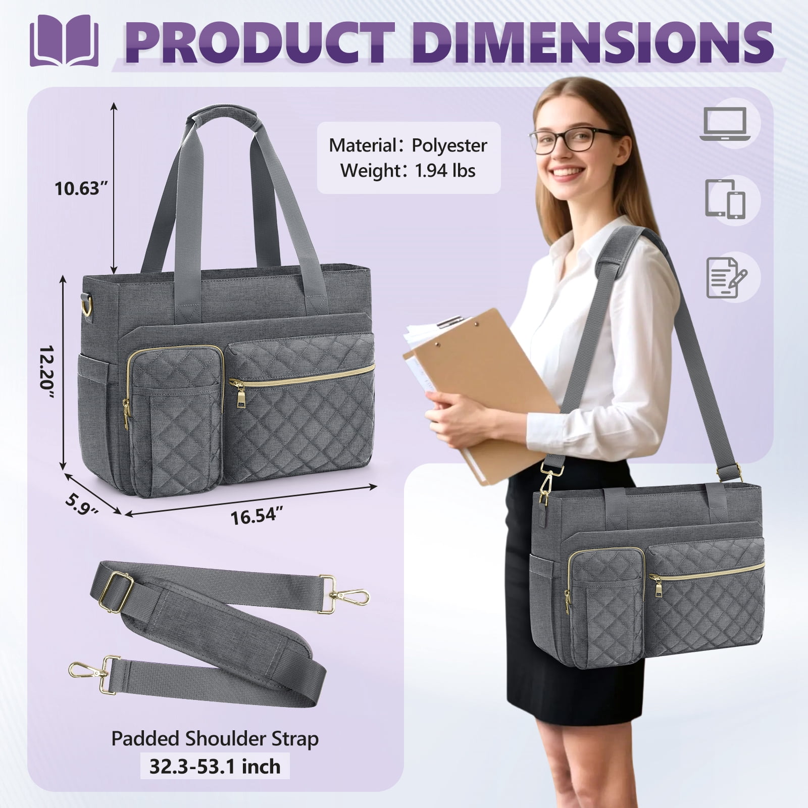 Teacher Tote Bag 15.6 inch Laptop Bag for Women Laptop Briefcase Work Bags Nurse Tote Professional Computer Messenger Shoulder Bags for Office, College, Nursing,Grey