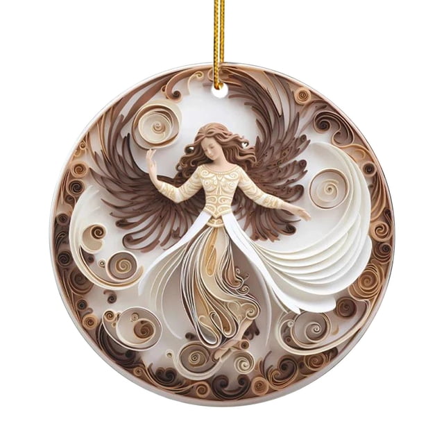 Christmas Tree Ornament Round Ceramic Holiday Decoration with Stained Glass Design and Gold Hanging Ribbon