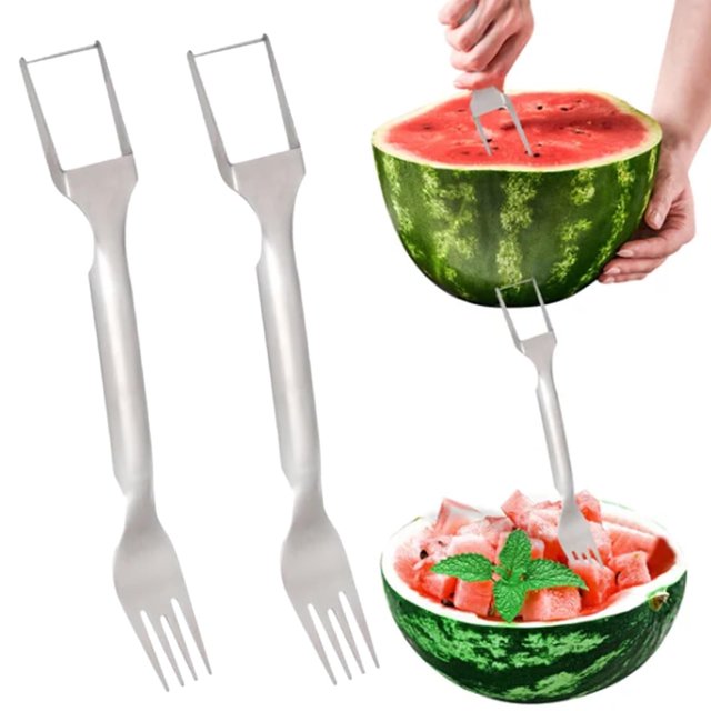 Cortador de frutas 2 en 1 de acero inoxidable, cortador de sandía (2024), herramienta portátil para verano, familia, fiestas y camping.