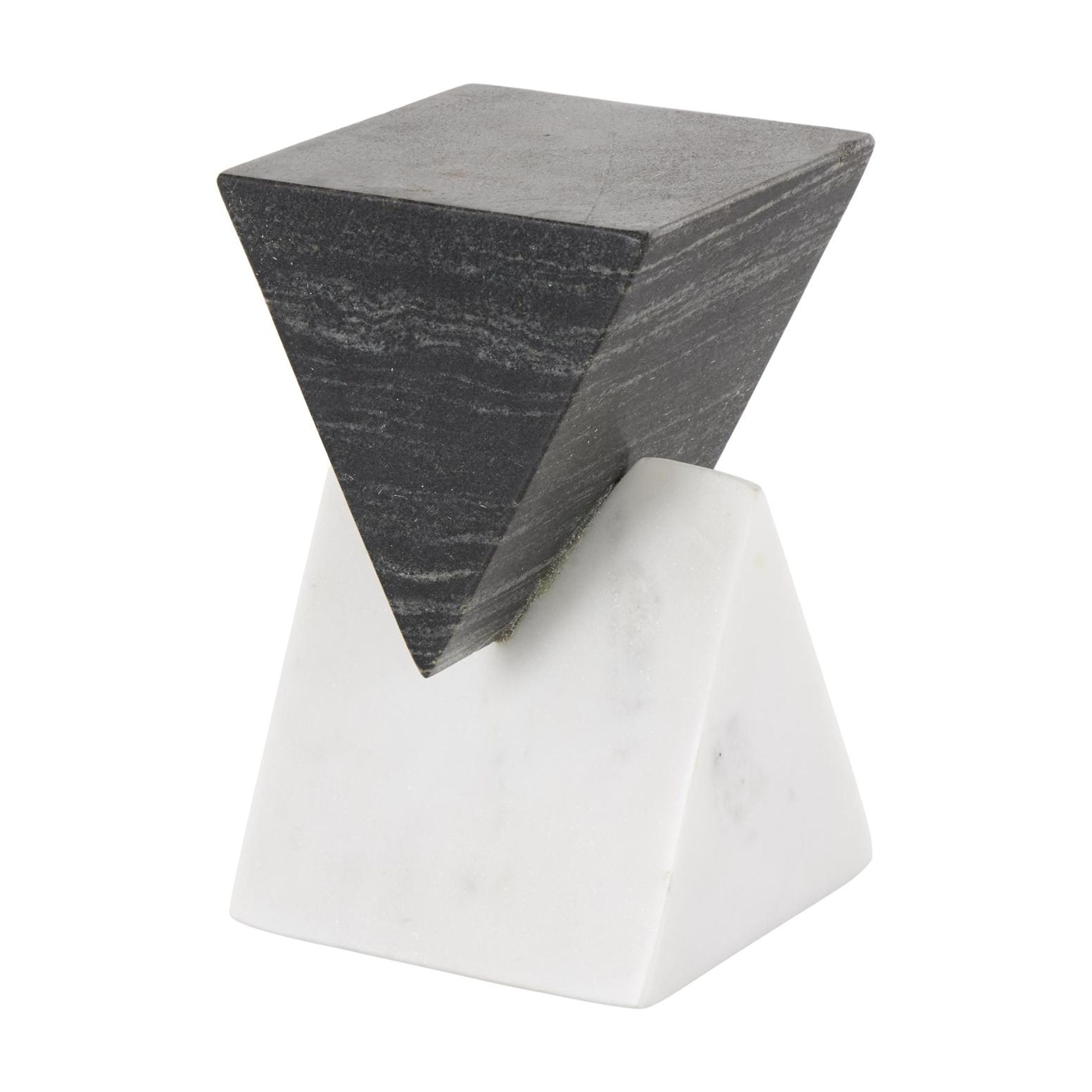 4" x 7" White Marble Stacked Pyramid Geometric Sculpture with White Base, by DecMode