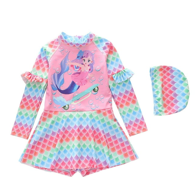 AWZXDE Girls One Piece Swimsuit Long Sleeve Bathing With UPF 50 Sun Protection Rash Guard For Kids 4-10Y