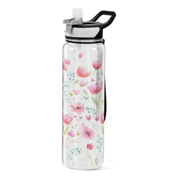 Flowers Pink Floral 32oz Water Bottles with Straw Tritan Leakproof Sports Bottle BPA Free Clear for Fitness Gym Swimming Cycling