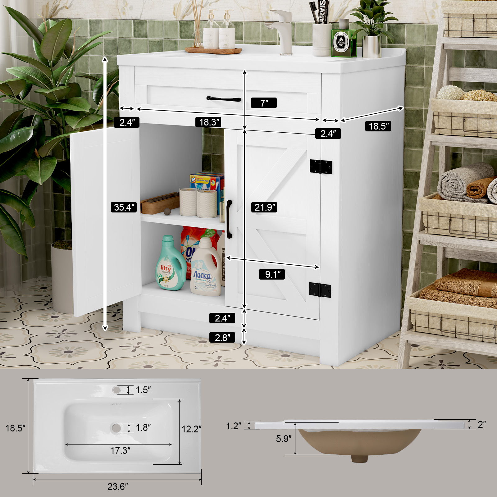 Caulitar Bathroom Vanity with Sink Top, Door and Drawer, Solid Wood Frame, White