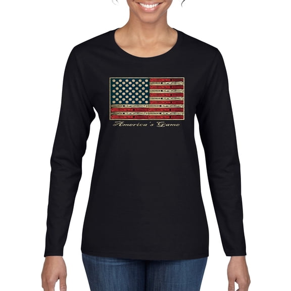 Wild Bobby, American Game Flag Baseball Bat Ball, Sports, Women Graphic Long Sleeve Tee, Black, Small