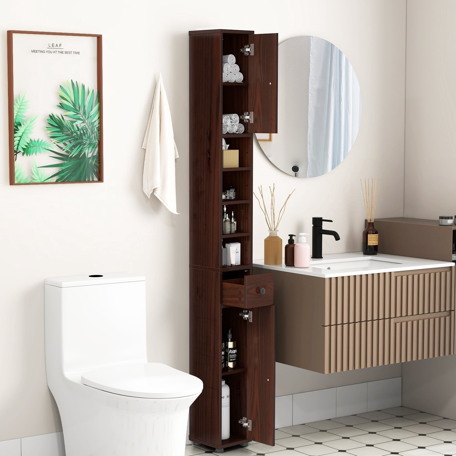 Costway 71" Slim Bathroom Storage Cabinet with 2 Doors 5 Adjustable Shelves 1 Drawer Brown