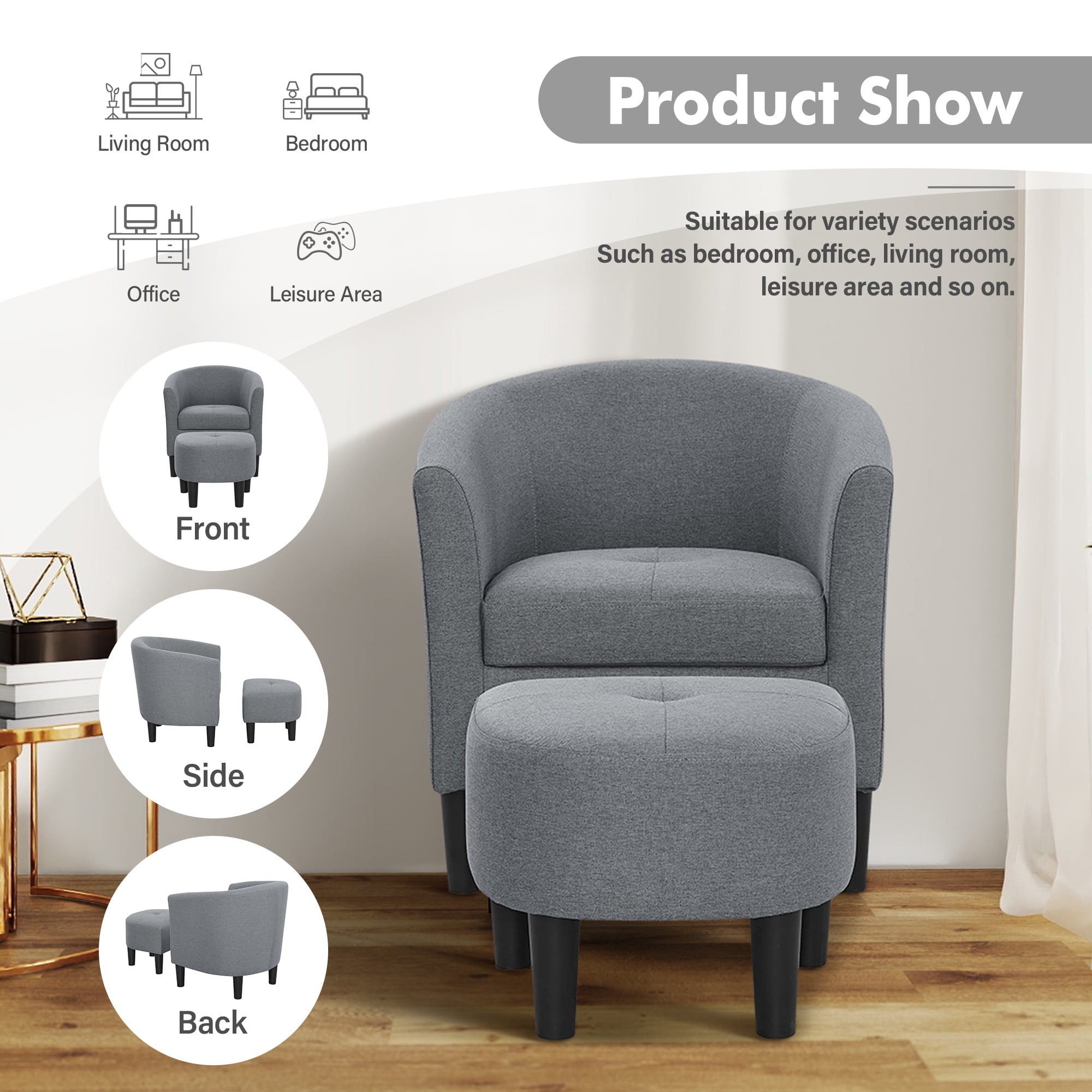 Aukfa Barrel Accent Chair with Ottoman & Arms, Modern Upholstered Chair for Bedroom/ Living Room, Gray