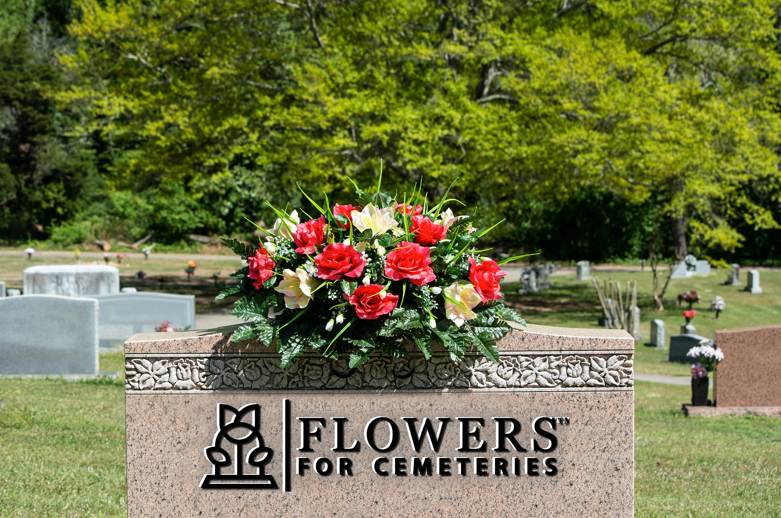 Sympathy Silks Artificial Cemetery Flowers 30" Cream Pink Amaryllis/Fuchsia Rose cemetery saddle