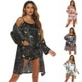 thumbnail image 4 of CUITING Ensemble de Pyjama 3 Pcs pour Femmes Cardigan à Manches Longues Ouvert Robe d'Été Soyeuse Sans Manches à Bretelles Shorts Cami Taille Haute Ensemble de Pyjama Confortable Vêtements de Nuit Imprimé Feuille, 4 of 5