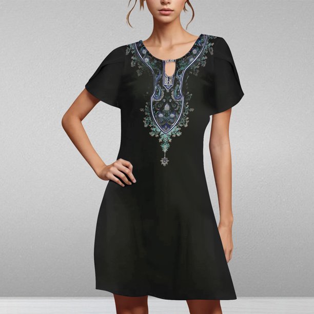 Puntoco Vestido De Cuello Redondo De Manga Corta Suelto Casual Estampado Estilo Étnico De Verano Para Mujer Negro L,Regalos Para Mujer Joven