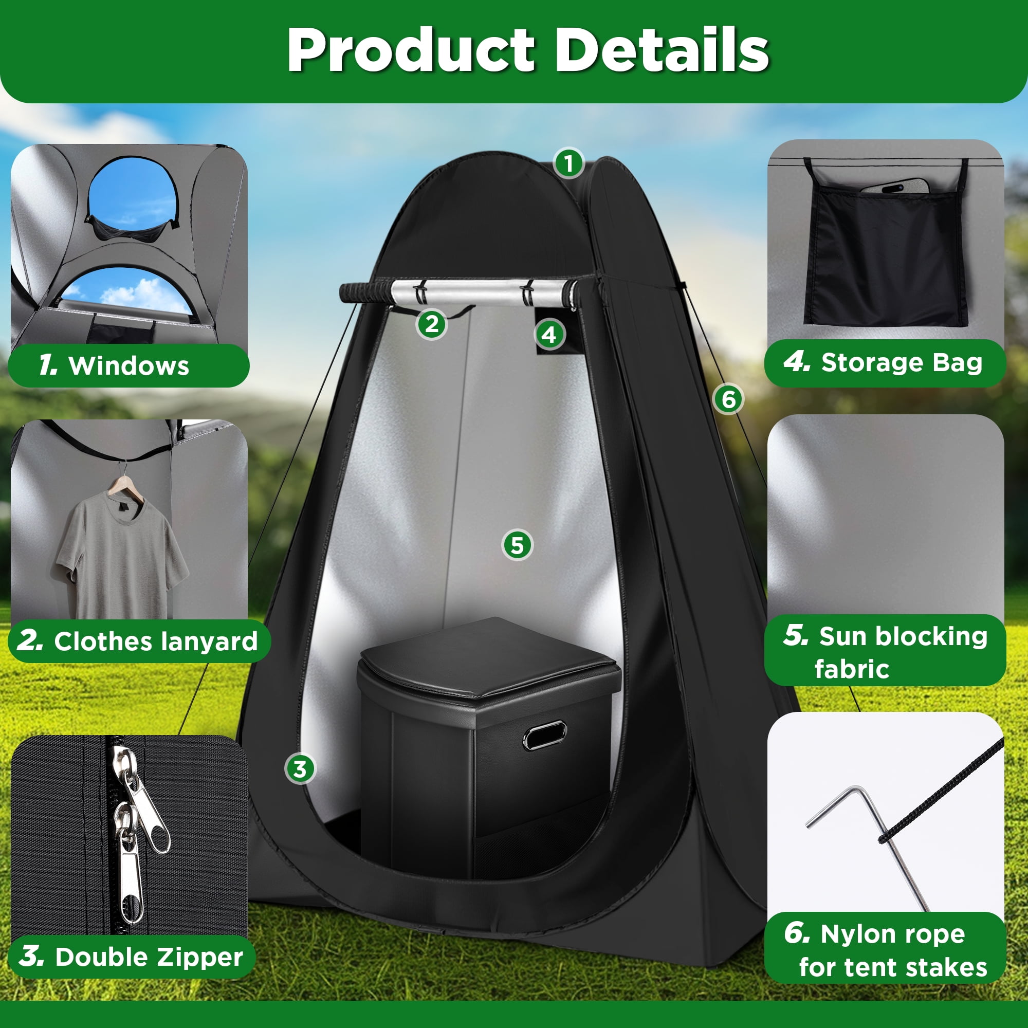 Portable Camping Toilet with Pop-Up Tent, Large Portable Toilet Kit for Adults, Outdoor Camping Shower Tent Changing Room Emergency Folding Toilet Tent Kit with Carry Bag for Camping/Hiking