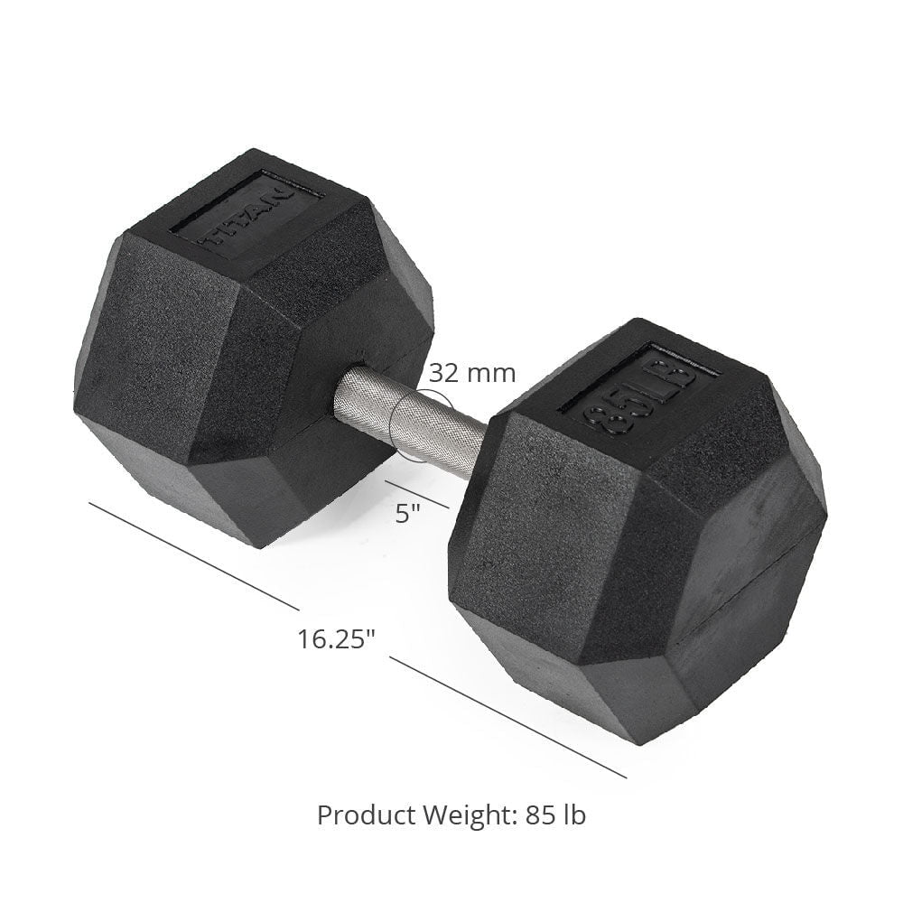 Titan Fitness 85 LB Pair Free Weights, Black Rubber Coated Hex Dumbbell, Straight Stainless Steel Handle, Strength Training, Full Body Workout