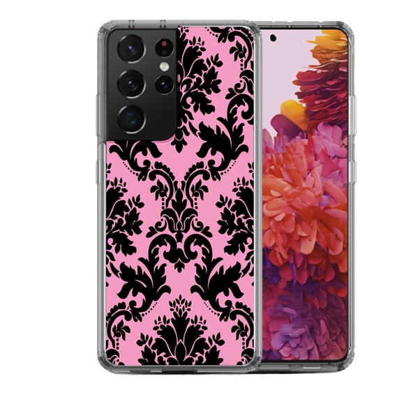 Shockproof Hybrid Bumper Phone Case for Samsung Galaxy S21 Ultra, by OneToughShield ® - Victorian Pink/Black