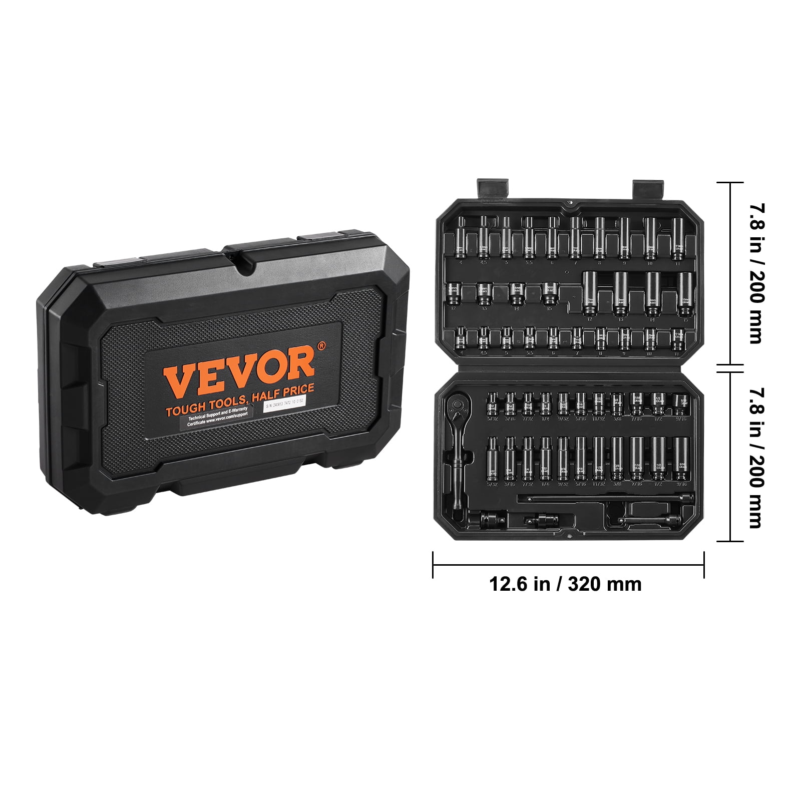 VEVOR Drive Impact Socket Set 1/4" - 55 Piece Deep & Shallow Socket Set SAE 5/32"-9/16" and Metric 4-15mm - 6 Point CR-V Alloy Steel for Auto Repair - Easy-to-Read Size Markings - Storage Case