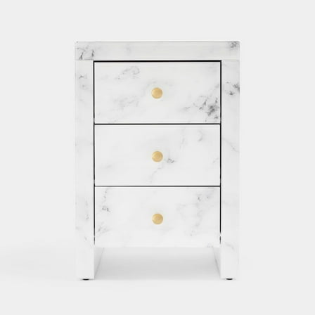 Modern Marble Glass Nightstand with 3 Drawers, Bedroom Side Table with Gold Handles, 17.7x14x26 inches, White