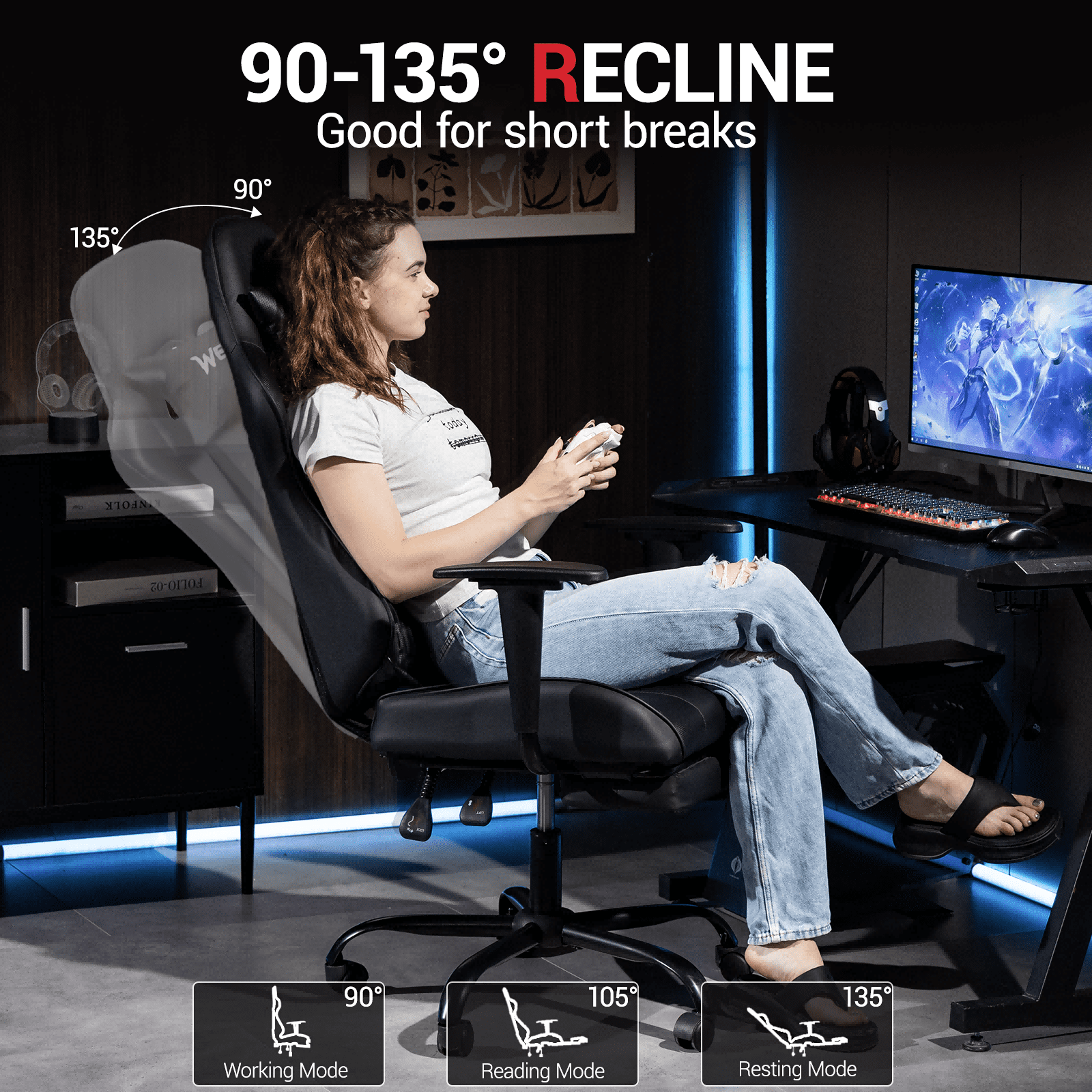 Wentum Reclining Gaming Chair With Footrest, Massage Racing Office Chair, PU Leather Computer Desk Chair with Head Pillow for Adults, Black