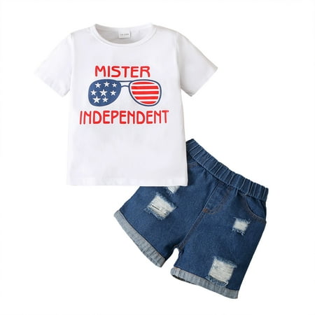 

Mikrdoo Infant Baby Boys Clothes Baby Outfits Sunglasses Stars and Stripes Shirts Ripped Jeans Shorts 2Pcs OOTD For Independence Day White 18-24 Months