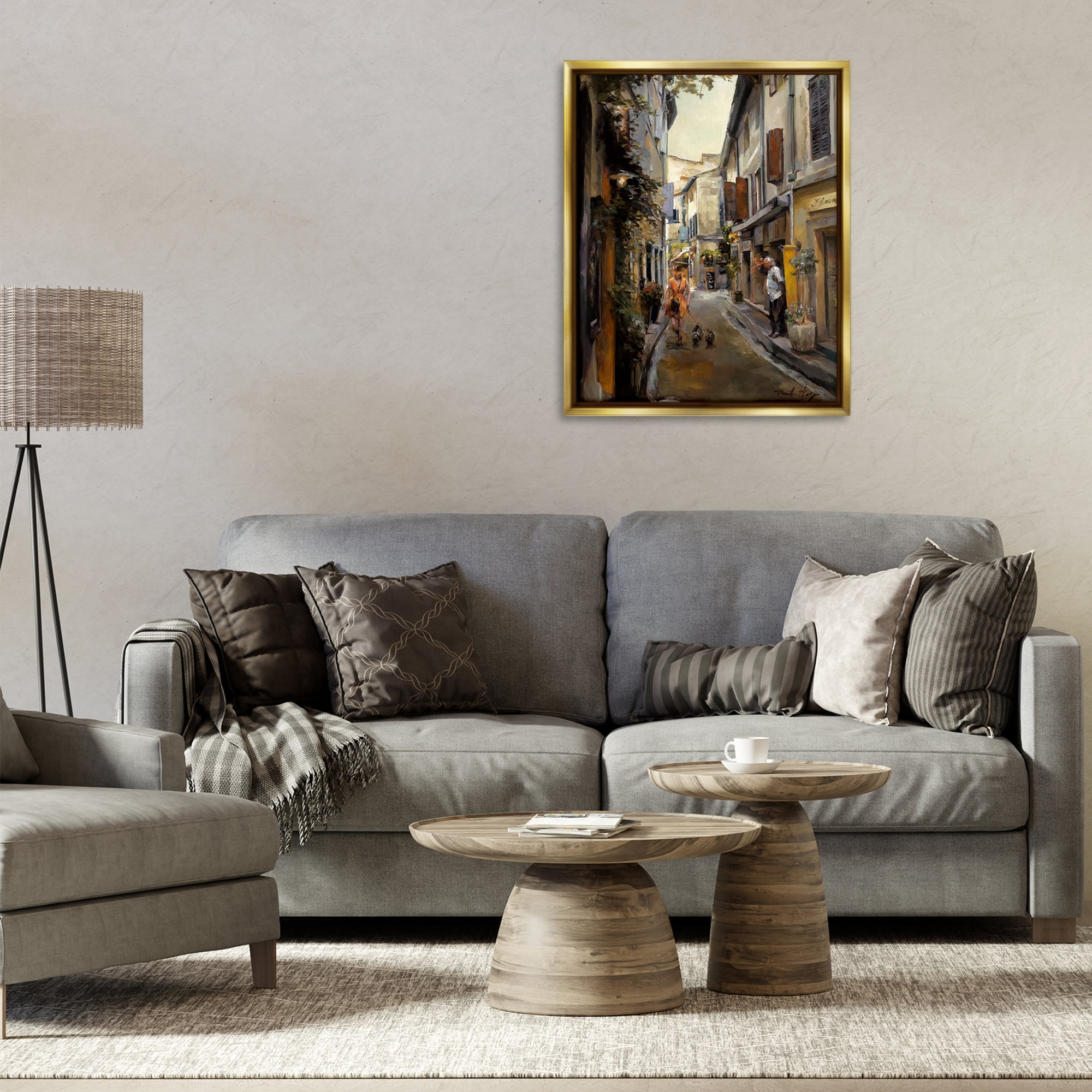 Stupell Industries European City Dog Walk Buildings & Architecture Painting Gold Floater Framed Canvas Art Print Wall Art, 25 x 31