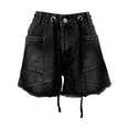 thumbnail image 6 of Women's High Waisted Denim Shorts, Baggy Distressed Hem Jean Shorts, Elastic Drawstring Waist Casual Straight Leg Shorts, Loose Fit Ripped Casual Summer Shorts Black L, 6 of 8