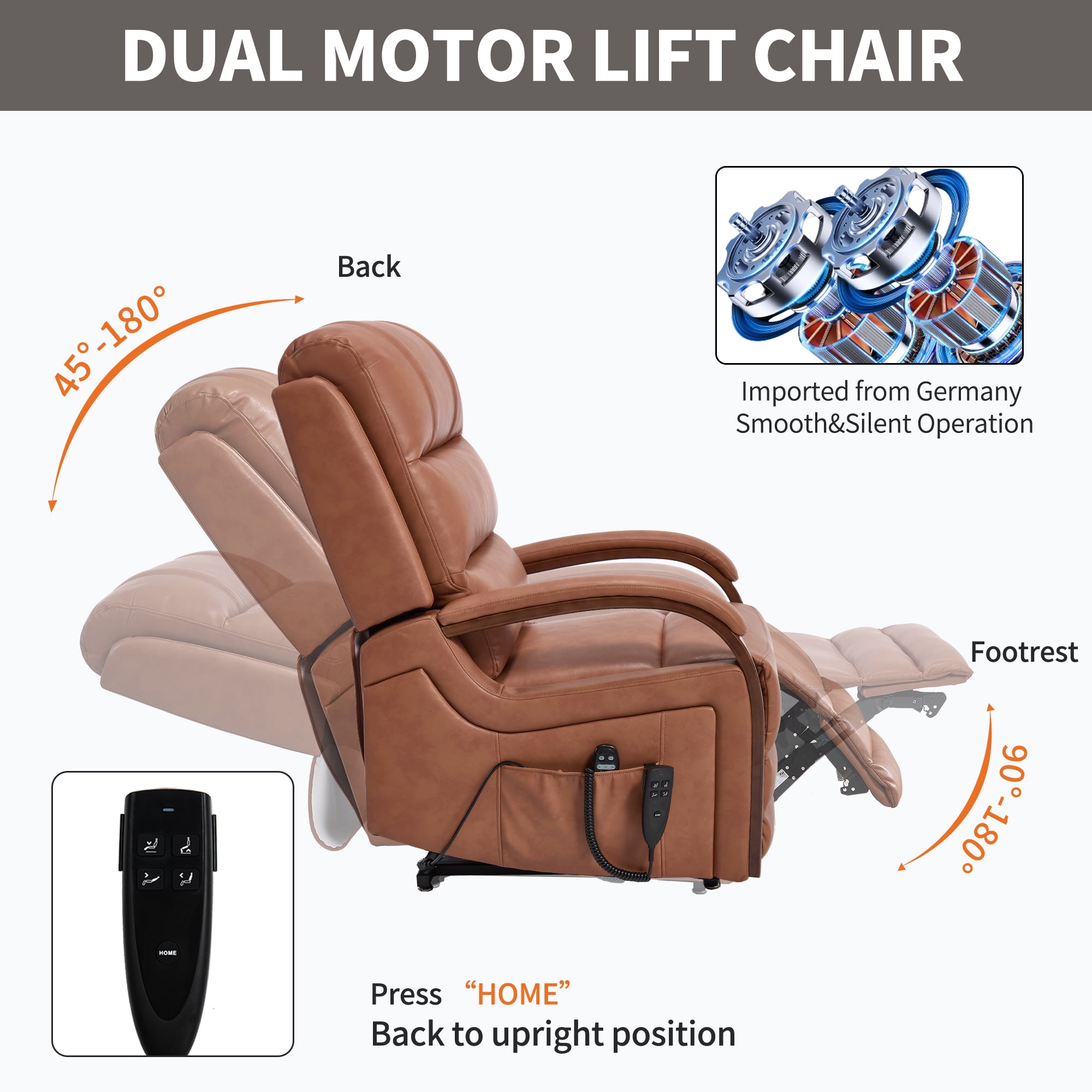 Gewnee Power Lift Recliner Chair with Heat and Massage,Lay Flat Assist Recliner with Side Pocket & Solid Wood Armrest,Lift Chair for Living Room.Orange PU