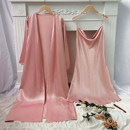 Zunfeo Satin Pajamas for Women Sexy Slik Nightgown with Robe 2 Piece Cozy Cami Lingerie Sleepdress- Pink 8