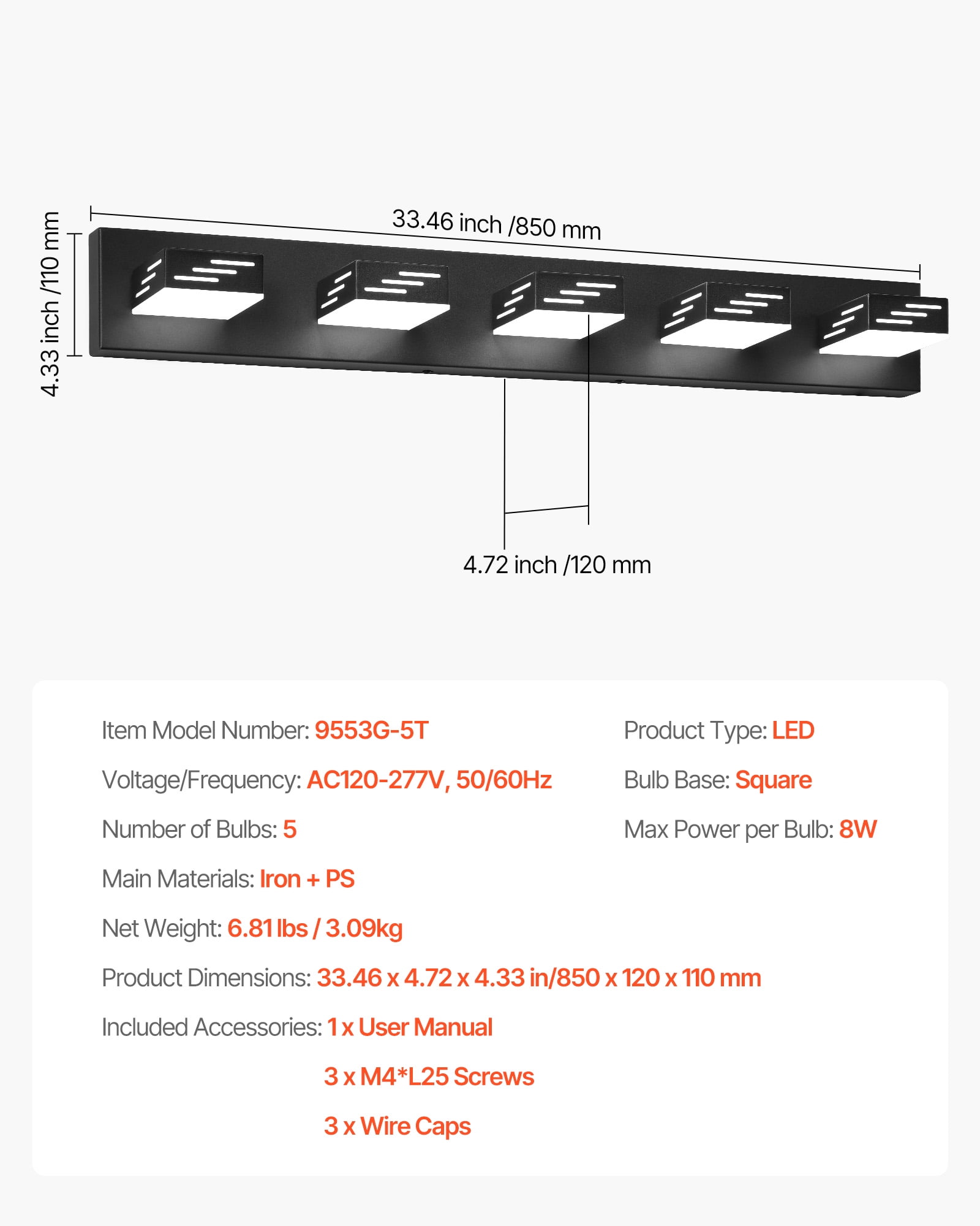 VEVOR 5-Light LED Modern Vanity Light Fixtures,33.46-Inch,Black Finish Bathroom Wall Lighting Fixture Over Mirror, with IP44 Waterproof, for Bathroom, Living Room, Bedroom, Hallway, Cool White 6000K