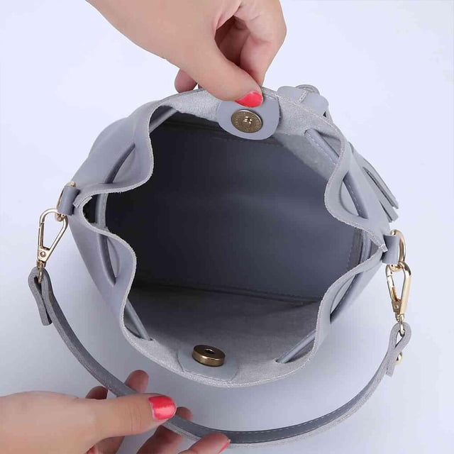 Bucket Bag Faux Leather Tassel Drawstring Crossbody Solid Color Handbag Pouch Women Solid Color Shoulder Bag Handbag, Gray