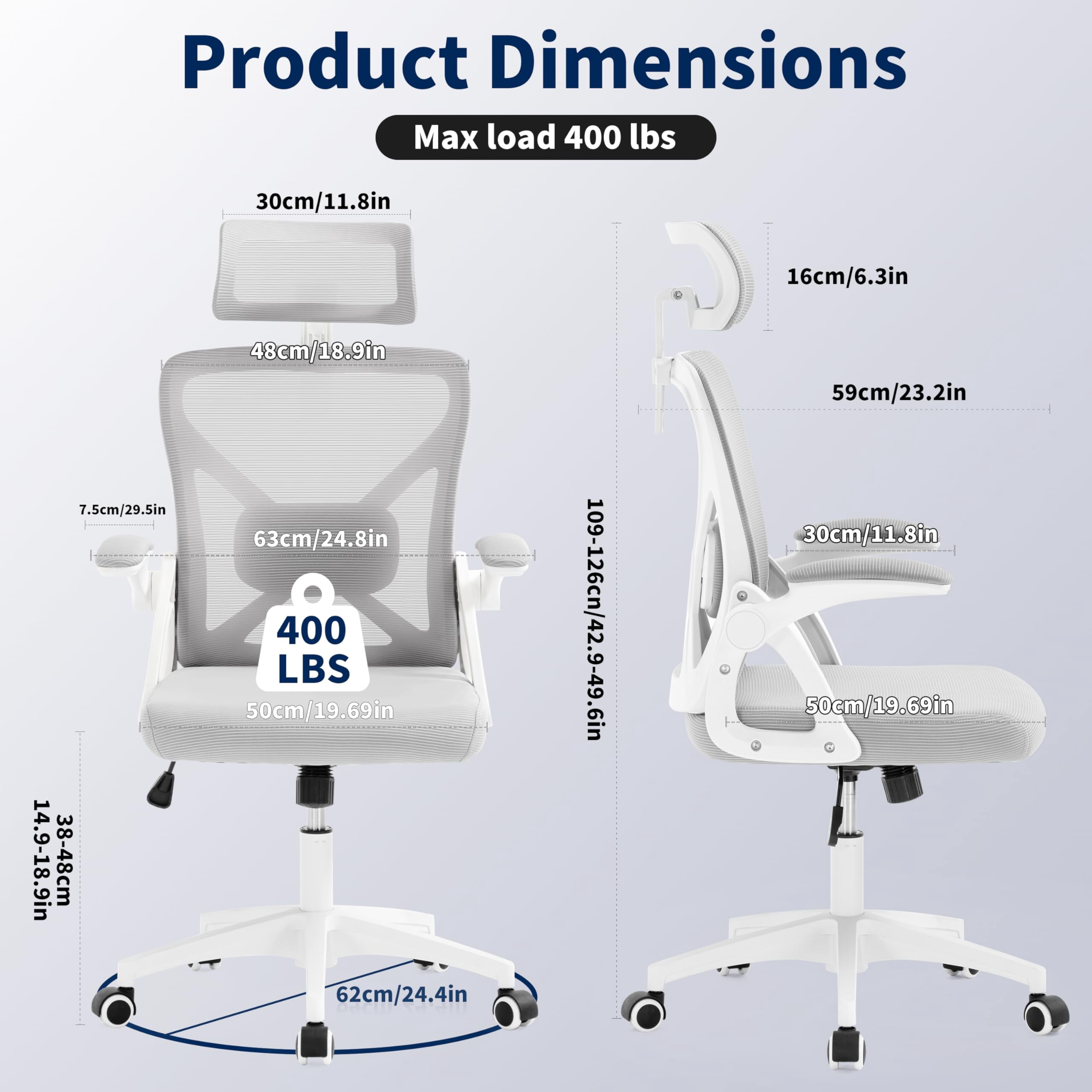 Nexthro Office Chair,Ergonomic Desk Chair with Adjustable Lumbar Support,400 Lbs Mesh Computer Chair High Back with Headrest for Home Office (Grey)
