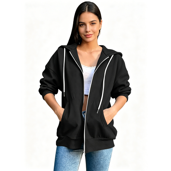Zynoxe Women's Casual 3/4 Sleeve Jacket Drawstring Elastic Cuffs Zip Up Hoodie for Women Versatile Fashionable Solid Color Fashion Clothing Lightweight Breathable Loose-Fit Outerwear with Pockets S