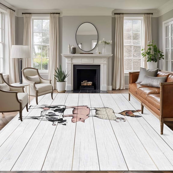 8x10 Area Rugs for Living Room, Farmhouse Wooden Grain Non Slip Area Rugs for Kitchen Bedroom Entryway, Modern Country Cow Pig Chicken Washable Carpet Runner Rug Floor Mats for Bedroom Home Decor
