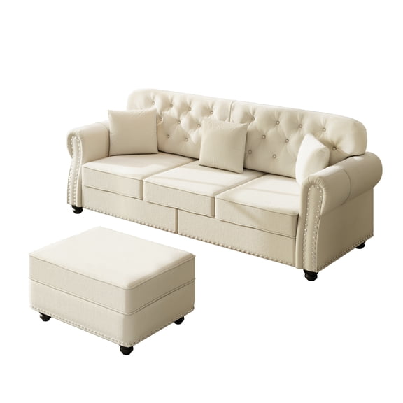 82.6"Upholstered Velvet Sofa With Nailhead Trim And Rolled Armrests,Mid-Century Modern Chesterfield Sofa With Button Tufted,Includes 3 Pillows,Beige/White