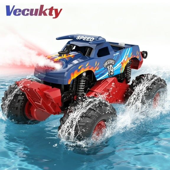 Vecukty RC Monster Truck，Waterproof Amphibious Remote Control Car With Lights & Sprays，2.4GHz All Terrain Off-Road Pickup Truck，Christmas Birthday Gift Toys for Boys and Girls Kids 4-12