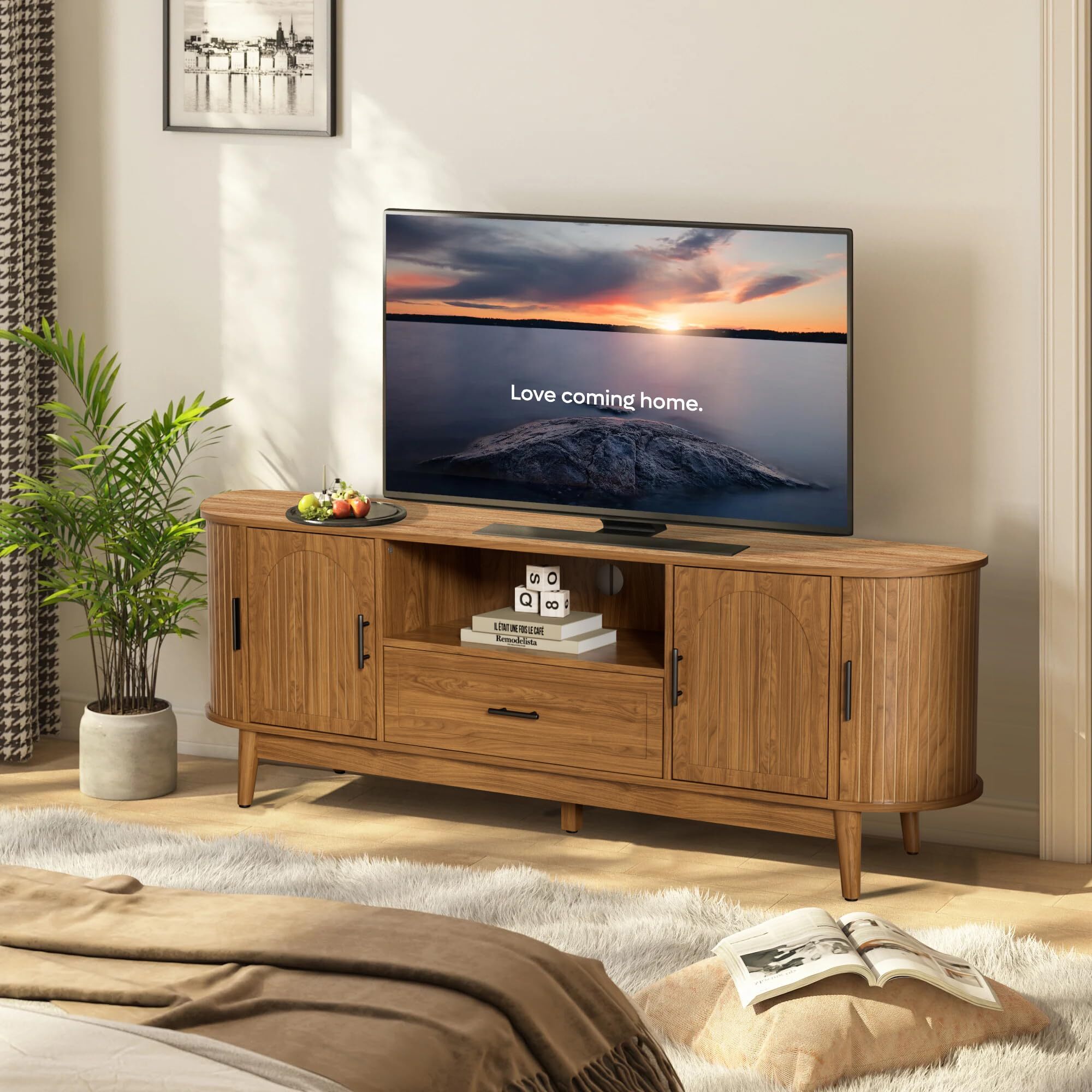 63" Fluted TV Stand for 70" TVs, Mid-Century Entertainment Center with Drawers & Sliding Doors, Curved Media Console