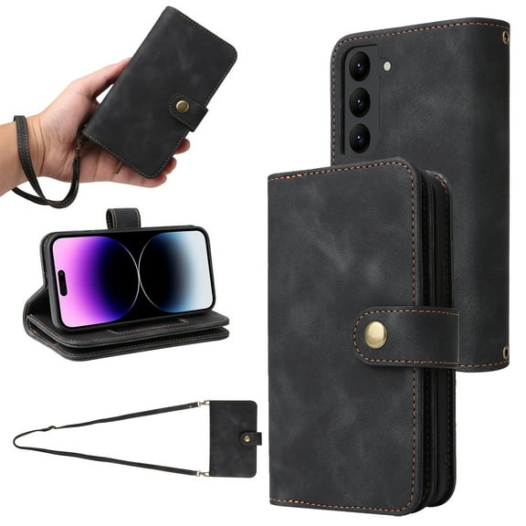 Compatible with Samsung Galaxy S21 FE Wallet Case, [6 Card Slots] Removable Adjustable Crossbody Necklace Lanyard Shoulder Strap Zipper PU Leather Case for Samsung Galaxy S21 FE,Black