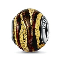 925 Sterling Silver Oxidized Italian Murano Glass Reflections Italian Brown and Gold Colored Glass Bead Charm 12.73x10.0
