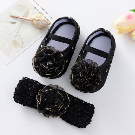 

Little Child Shoes Soft Sole Toddler Shoes Cute Flowers Princess Shoes Headband Set Black 12