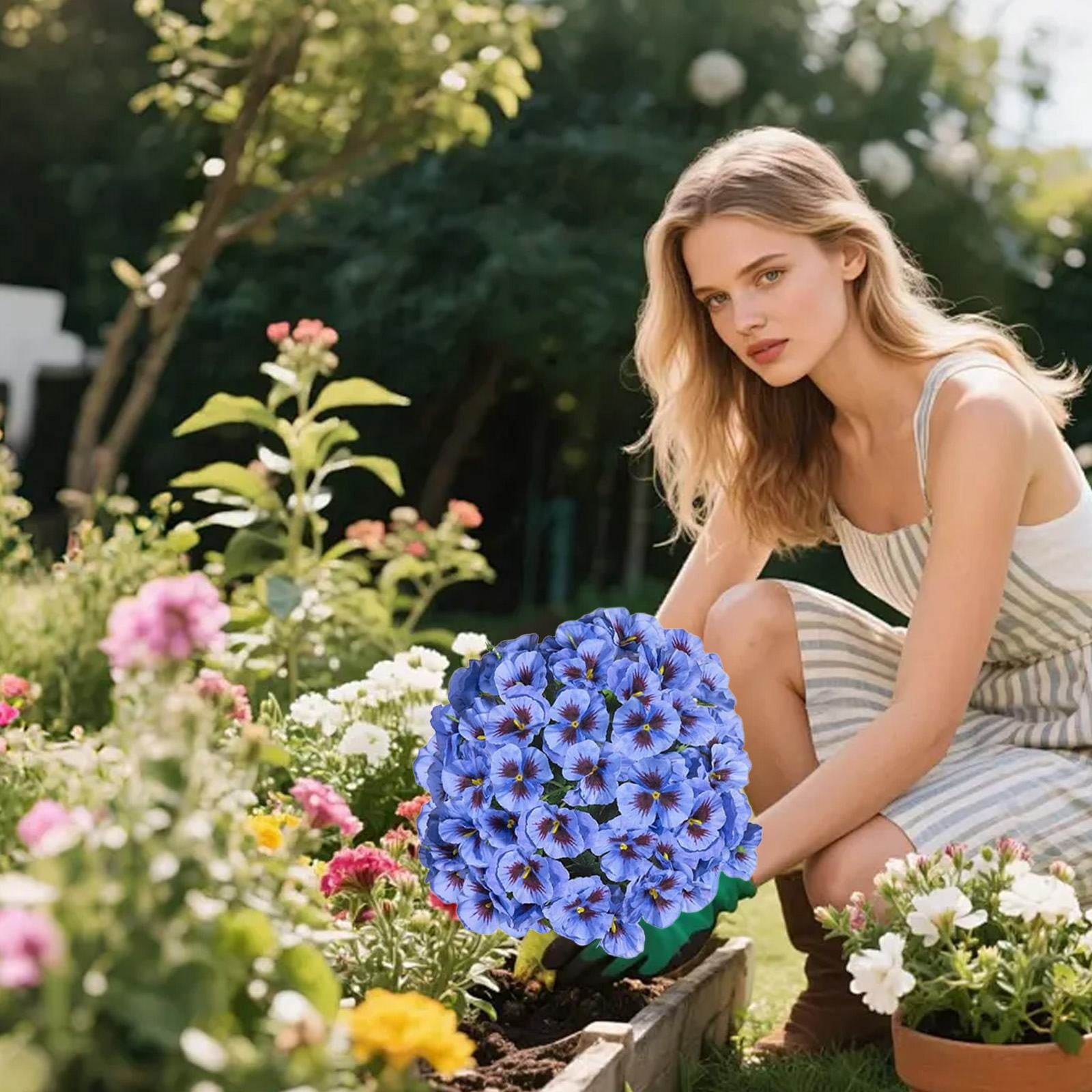 Spring Artificial Topiary for Outdoors with Spikes, UV Resistant Fake Outdoor Shrubs with Violet Flowers, Artificial Bushes for Outdoors Garden, Front Porch, Yard, Patio, Blue