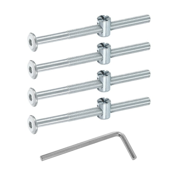 Uxcell 4 Pack Bed Frame Bolts, M6 x 85mm Hex Socket Head Screws Bolts Barrel Nuts Bunk Bed Bolts Furniture Screws with Rice-shaped Head Barrel Nut and Wrench for Chairs Cots, Silver