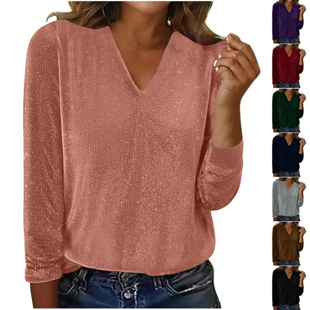 RKSTN Long Sleeve Shirts for Women Oversized V Neck Regular Fits Plain T Shirts Tops Womens Casual Solid Plus Size Loose Fits Comfy Soft Basic Tee Shirt Fall Spring Clothes