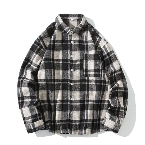 Blusa y camisa de manga larga con cuello vuelto para hombre, estilo informal, a cuadros, con bolsillos y botones, de licra