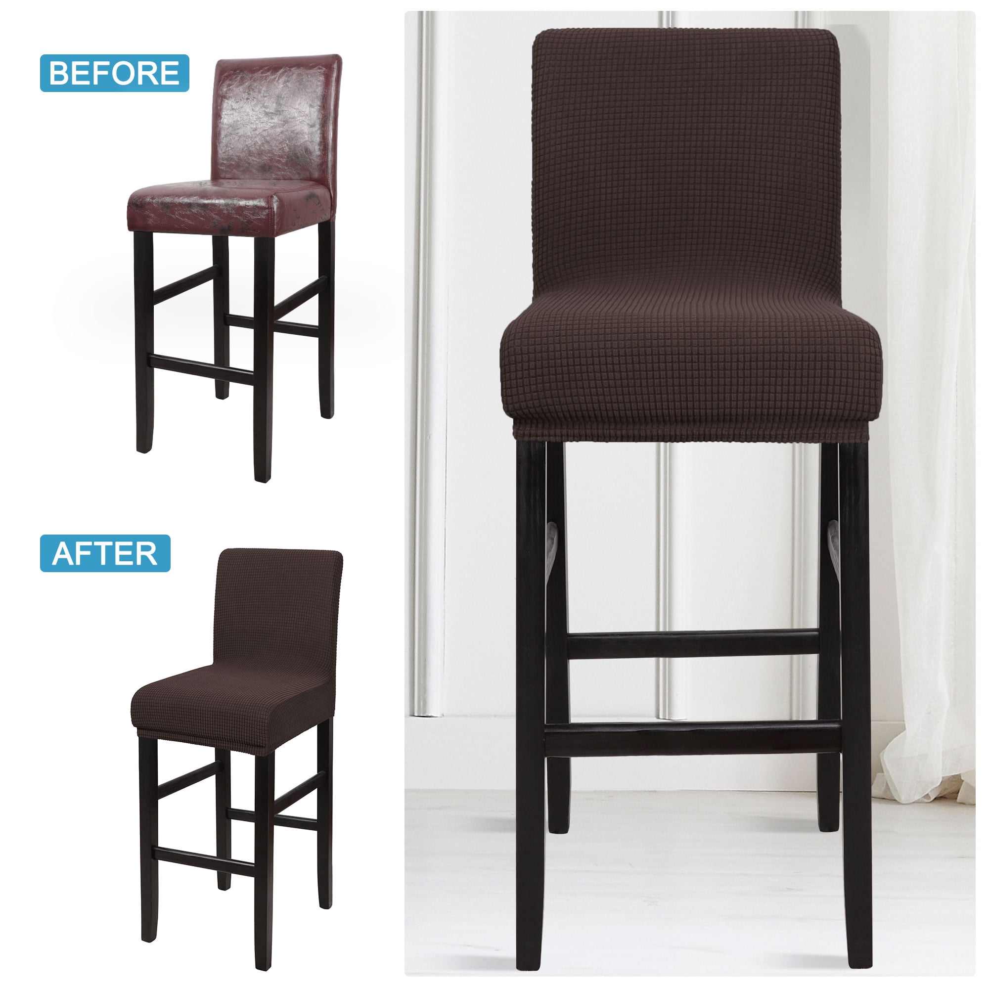 Unique Bargains Polyester Stretch Bar Stool Covers Elastic Band Mid Back Chair Slipcover Dark Brown 2 Pcs