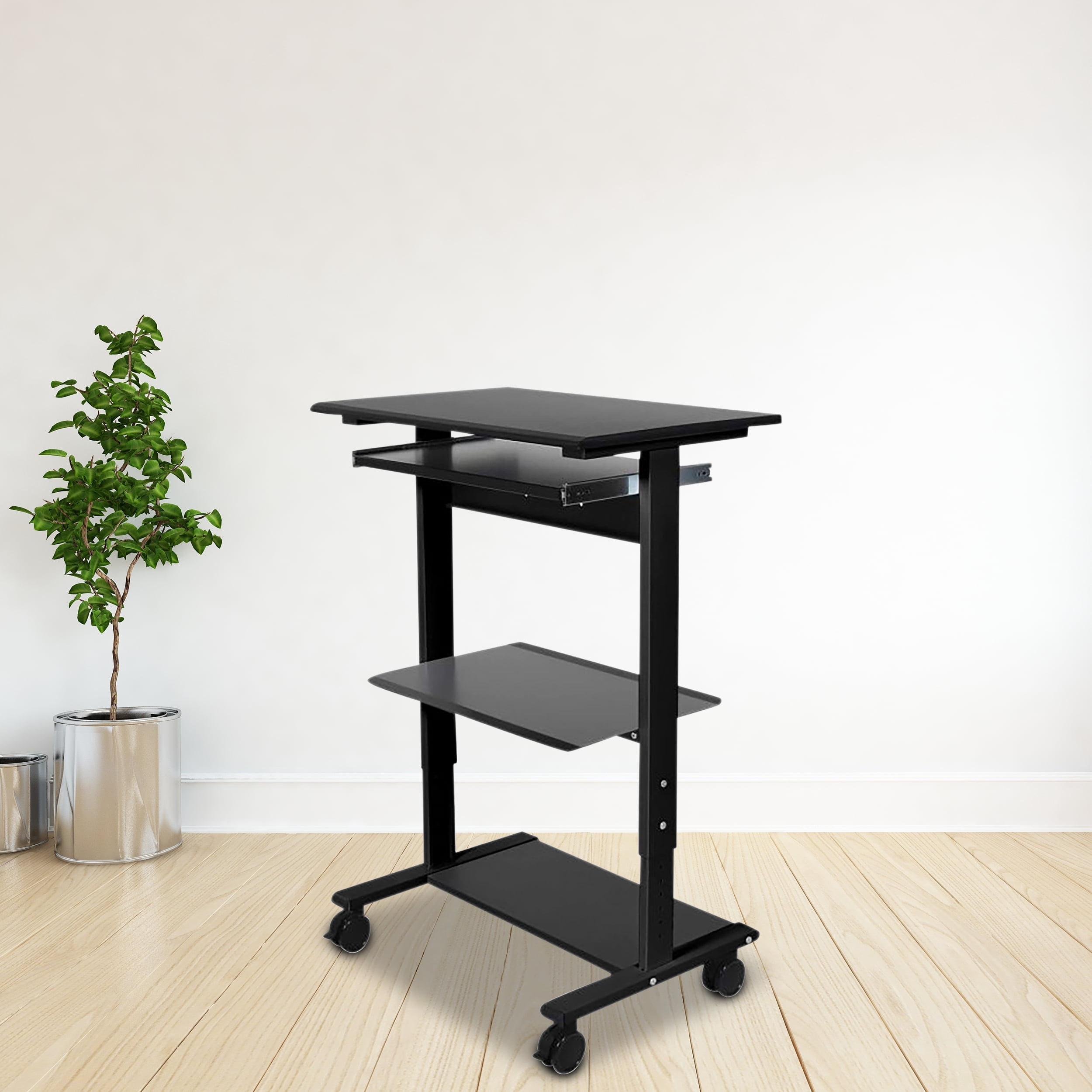 Stand Up Desk Store Mobile Rolling Adjustable Height Standing Workstation with Printer Shelf and Slideout Keyboard Tray (Black Frame/Black Top, 30" Wide)