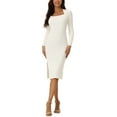 thumbnail image 1 of Vestido de suéter midi de punto acanalado ajustado de manga larga con escote cuadrado para mujer INSPIRE CHIC L Blanco, 1 of 6