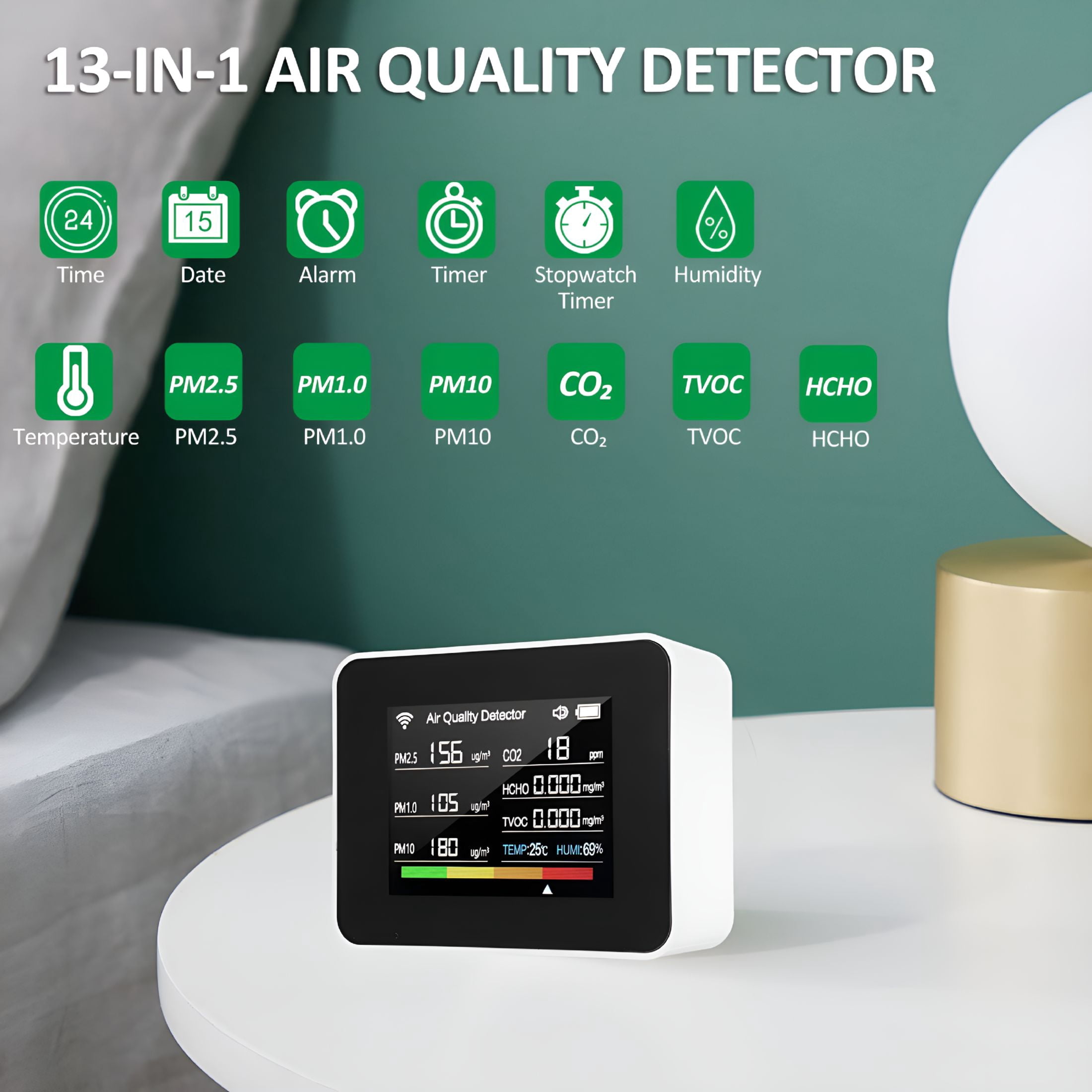 GJX WiFi Air Quality Meter 13-in-1 Indoor Air Quality Monitor CO2 TVOC HCHO PM2.5 PM1.0 PM10 Humidity and Temperature Time Date Alarm Timer and Stopwatch Alarm Timer for Home Offices Schools
