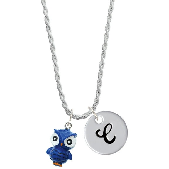 Delight Jewelry Resin Blue Snow Owl Silvertone Script Initial Disc - C - Charm Necklace, 20"+3"